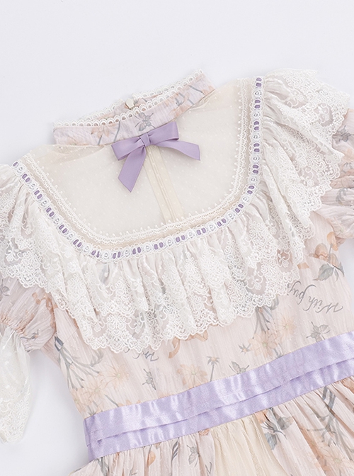 Edwardian Collar Bowknot Decoration Puff Sleeves Lace Ruffles Exquisite Printing Mosaic Crystal Yarn Classic Lolita Short-Sleeved Dress