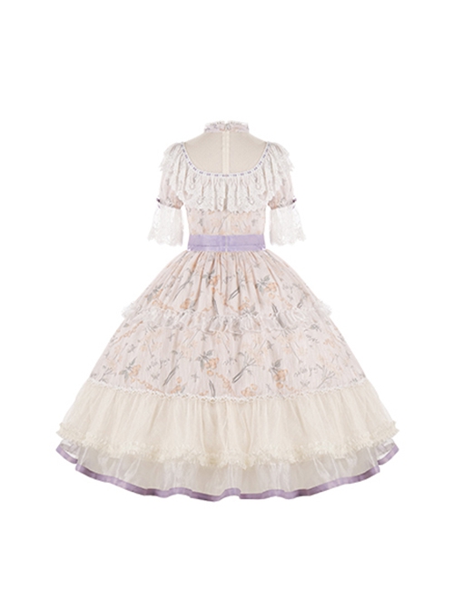 Edwardian Collar Bowknot Decoration Puff Sleeves Lace Ruffles Exquisite Printing Mosaic Crystal Yarn Classic Lolita Short-Sleeved Dress