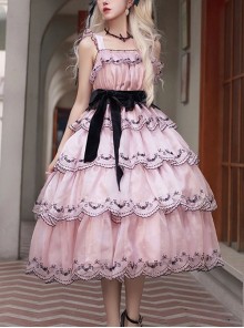 Wooden Ear Edge Square Neck Adjustable Flying Sleeve Heavy Industry Section Rose Flower Embroidery High Waist Classic Lolita Dress