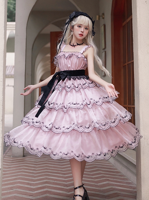 Wooden Ear Edge Square Neck Adjustable Flying Sleeve Heavy Industry Section Rose Flower Embroidery High Waist Classic Lolita Dress