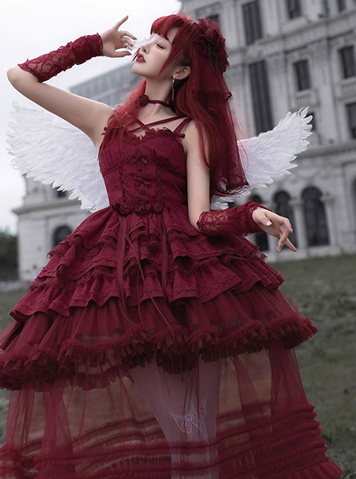 Double Strap Bow Ribbon Rose Pendant Layered Dress Design Elegant Flowy Gothic Lolita Dress Set