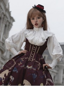 Decameron Series Pure Color Stand Collar Leg Of Lamb Sleeve Rose Button Decoration Waist Elastic Band Classic Lolita Long Sleeve Shirt