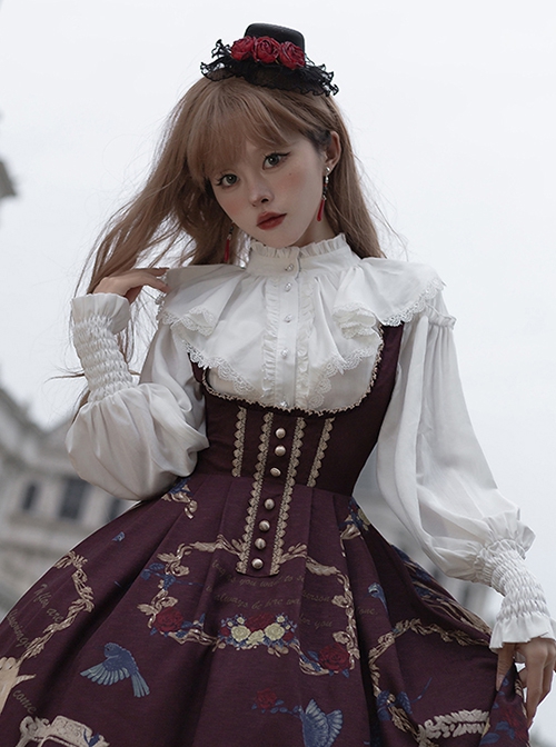 Decameron Series Pure Color Stand Collar Leg Of Lamb Sleeve Rose Button Decoration Waist Elastic Band Classic Lolita Long Sleeve Shirt