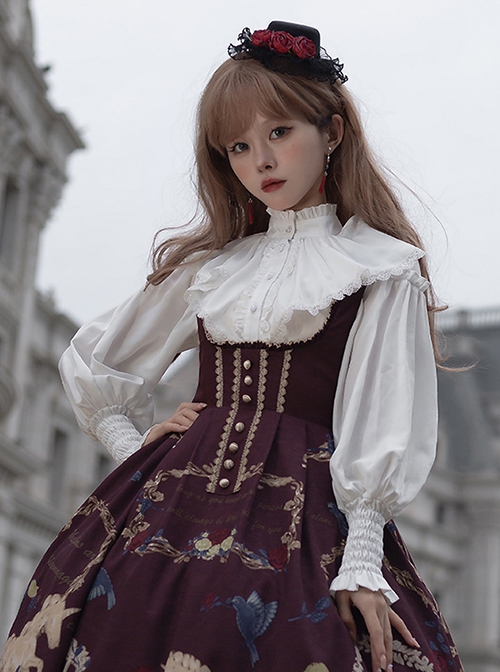 Decameron Series Pure Color Stand Collar Leg Of Lamb Sleeve Rose Button Decoration Waist Elastic Band Classic Lolita Long Sleeve Shirt