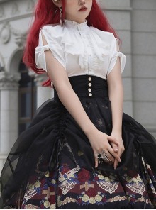 Decameron Series Solid Color Stand Collar Exquisite Rose Button Bowknot Pleated Sleeves Classic Lolita Shirt