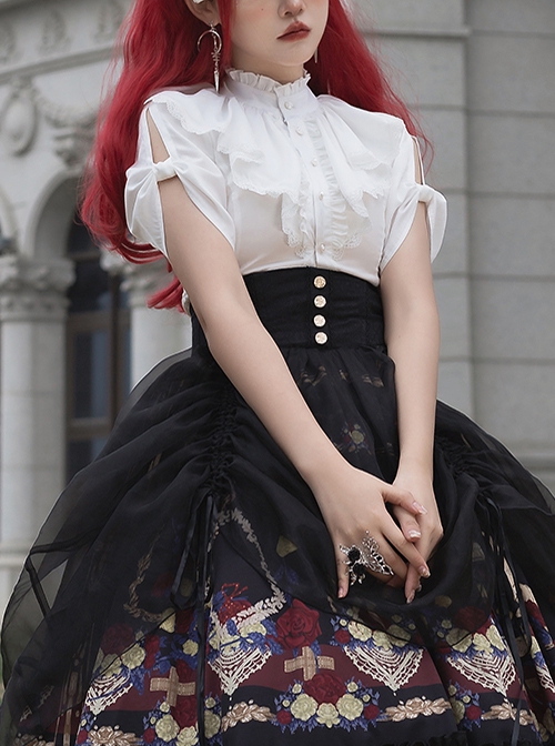 Decameron Series Solid Color Stand Collar Exquisite Rose Button Bowknot Pleated Sleeves Classic Lolita Shirt