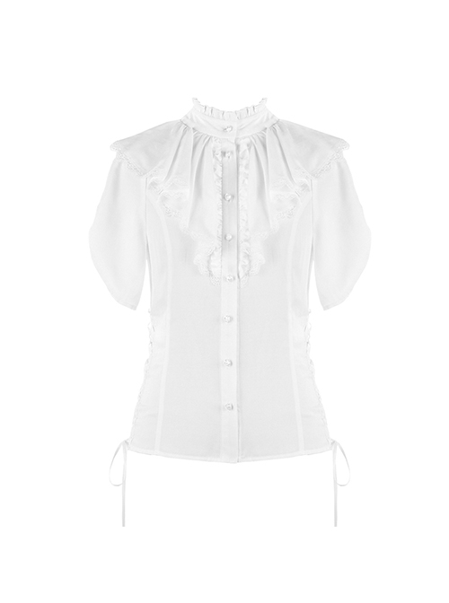 Decameron Series Solid Color Stand Collar Exquisite Rose Button Bowknot Pleated Sleeves Classic Lolita Shirt