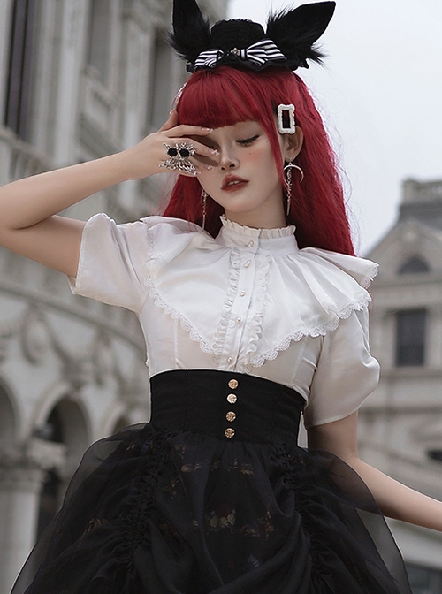 Decameron Series Solid Color Stand Collar Exquisite Rose Button Bowknot Pleated Sleeves Classic Lolita Shirt