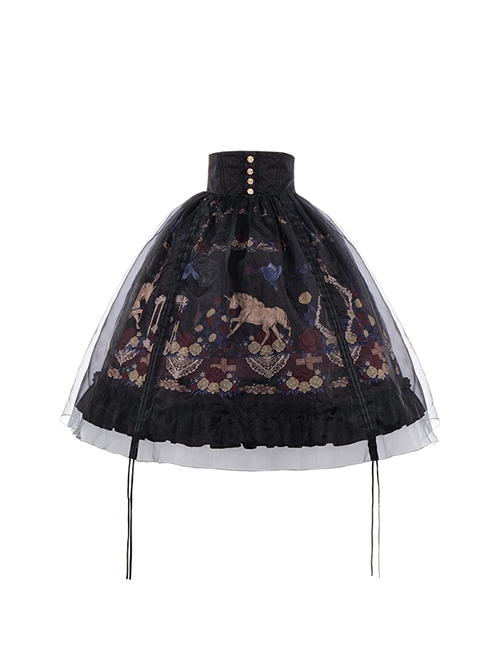 Decameron Series High-Waist Exquisite Printed Organza Three-Dimensional Stitching Ruffled Classic Lolita Skirt