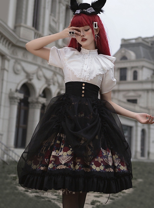 Decameron Series High-Waist Exquisite Printed Organza Three-Dimensional Stitching Ruffled Classic Lolita Skirt