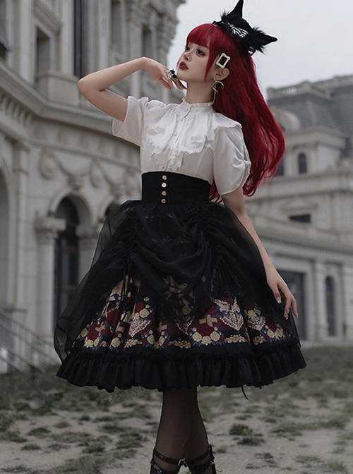 Decameron Series High-Waist Exquisite Printed Organza Three-Dimensional Stitching Ruffled Classic Lolita Skirt