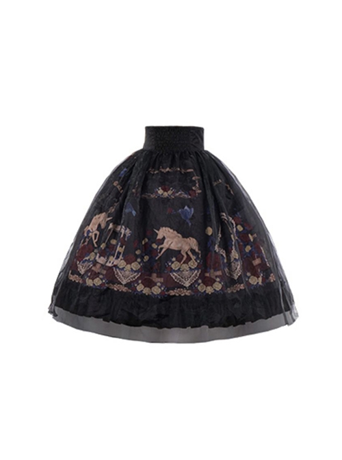 Decameron Series High-Waist Exquisite Printed Organza Three-Dimensional Stitching Ruffled Classic Lolita Skirt