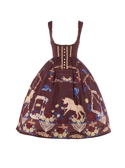 Decameron Series Neckline Gold Lace Buttons Embellished With Delicate Ornate Print Classic Lolita Skirt