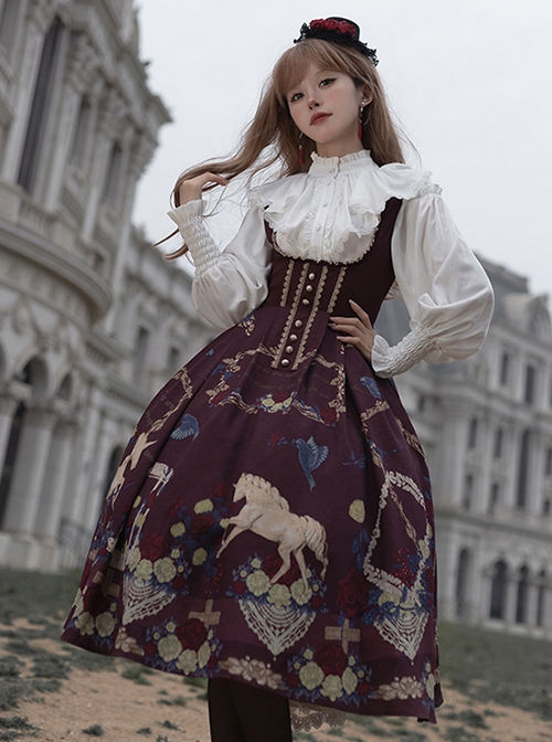 Decameron Series Neckline Gold Lace Buttons Embellished With Delicate Ornate Print Classic Lolita Skirt