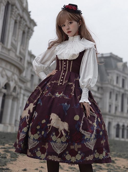 Decameron Series Neckline Gold Lace Buttons Embellished With Delicate Ornate Print Classic Lolita Skirt