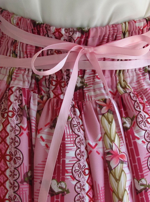 All-Match Bear Print Lace Skirt High Waist Back Tie Classic Lolita Skirt
