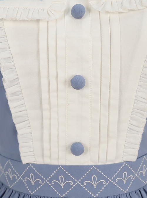 Blue-White Color Matching Stand Collar Lapel Periwinkle Embroidery Lace Decoration Exquisite Button Puff Sleeves Classic Lolita Top Skirt Set