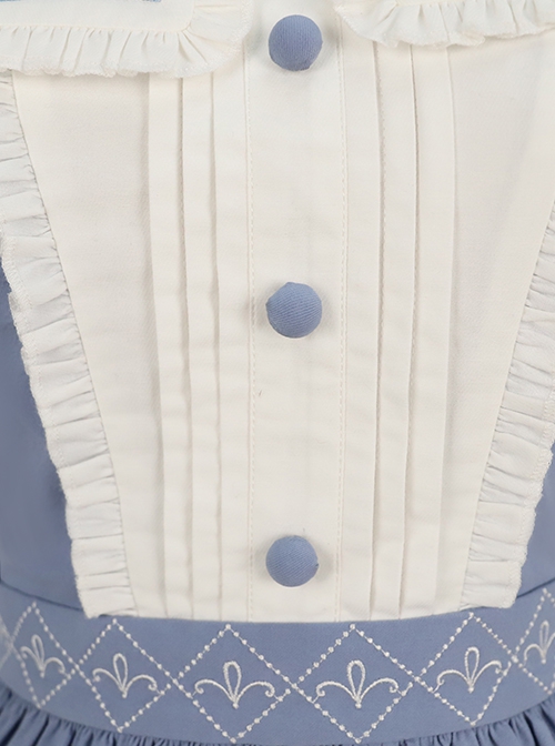 Blue-White Color Matching Stand Collar Lapel Periwinkle Embroidery Lace Decoration Exquisite Button Puff Sleeves Classic Lolita Top Skirt Set