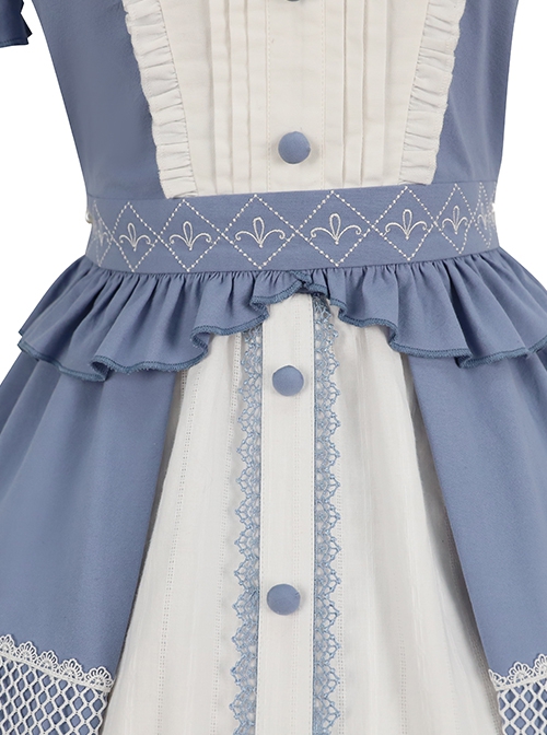 Blue-White Color Matching Stand Collar Lapel Periwinkle Embroidery Lace Decoration Exquisite Button Puff Sleeves Classic Lolita Top Skirt Set