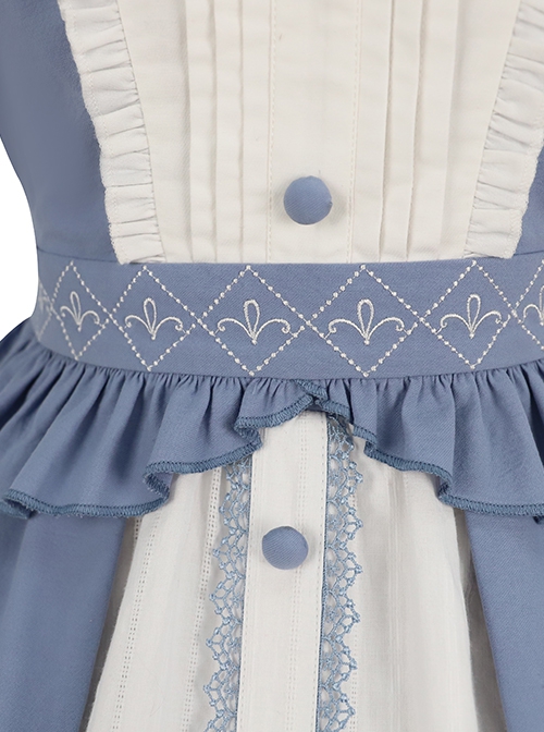 Blue-White Color Matching Stand Collar Lapel Periwinkle Embroidery Lace Decoration Exquisite Button Puff Sleeves Classic Lolita Top Skirt Set