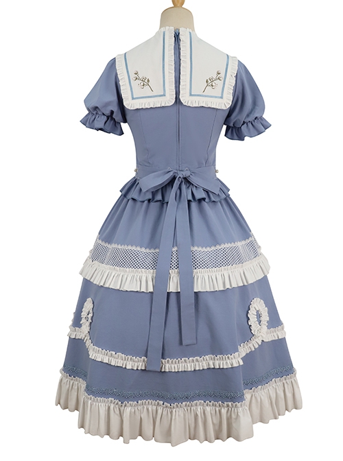 Blue-White Color Matching Stand Collar Lapel Periwinkle Embroidery Lace Decoration Exquisite Button Puff Sleeves Classic Lolita Top Skirt Set