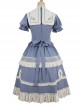 Blue-White Color Matching Stand Collar Lapel Periwinkle Embroidery Lace Decoration Exquisite Button Puff Sleeves Classic Lolita Top Skirt Set