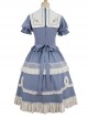 Blue-White Color Matching Stand Collar Lapel Periwinkle Embroidery Lace Decoration Exquisite Button Puff Sleeves Classic Lolita Top Skirt Set