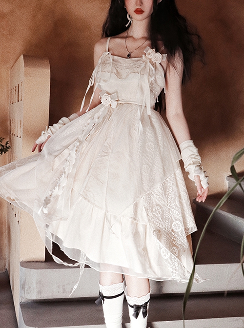 Pure Color Irregular Skirt Three-Dimensional Flower Corsage Waist Chain Elegant Sleeveless Classic Lolita Dress