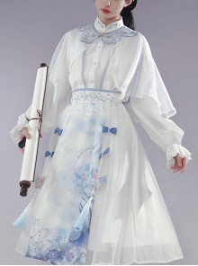 Lanting Collection Series Summer Improved Han Element Embroidery Cloud Shoulder Immortal Long Dress Daily Commuting Hanfu Shirt Skirt Set