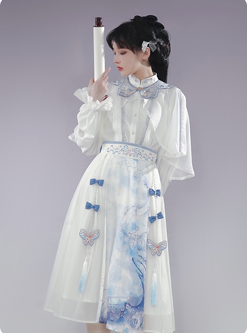 Lanting Collection Series Summer Improved Han Element Embroidery Cloud Shoulder Immortal Long Dress Daily Commuting Hanfu Shirt Skirt Set