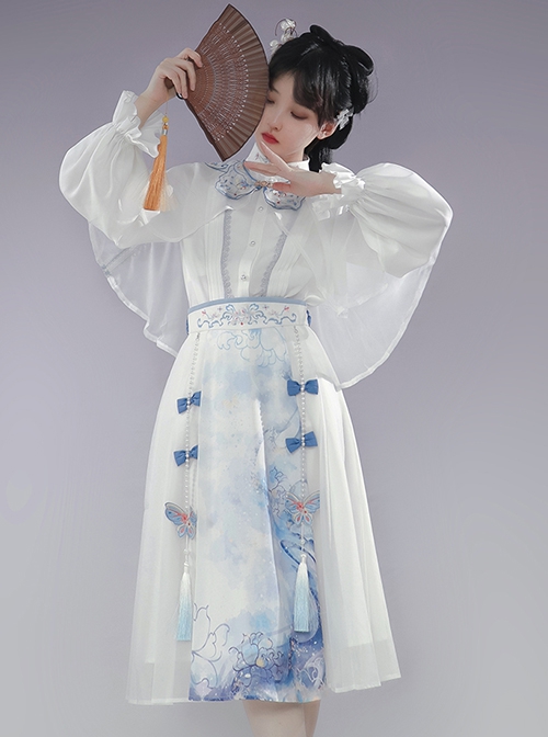 Lanting Collection Series Summer Improved Han Element Embroidery Cloud Shoulder Immortal Long Dress Daily Commuting Hanfu Shirt Skirt Set