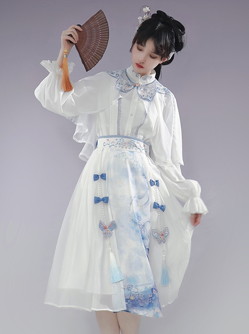 Lanting Collection Series Summer Improved Han Element Embroidery Cloud Shoulder Immortal Long Dress Daily Commuting Hanfu Shirt Skirt Set