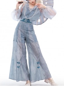 New Chinese-Style Gradient Puff Sleeve Retro Buckle Print Pearl Decoration High-Waisted Wide-Leg Pants Hanfu Top Pants Set