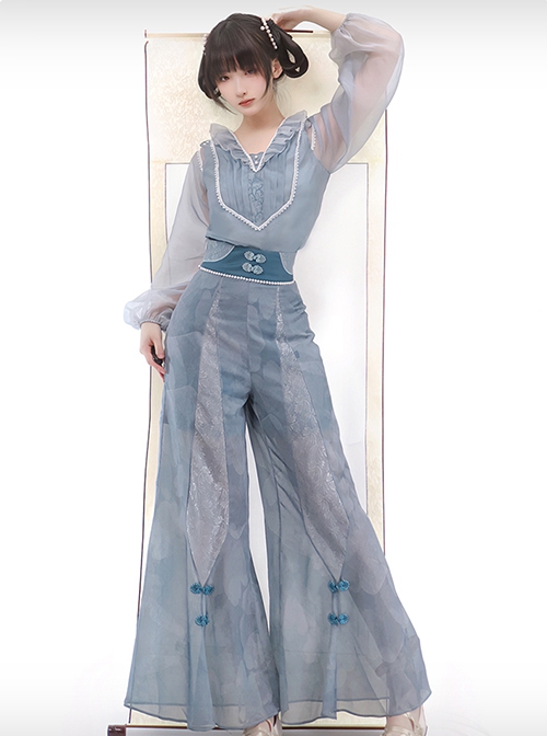 New Chinese-Style Gradient Puff Sleeve Retro Buckle Print Pearl Decoration High-Waisted Wide-Leg Pants Hanfu Top Pants Set