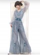 New Chinese-Style Gradient Puff Sleeve Retro Buckle Print Pearl Decoration High-Waisted Wide-Leg Pants Hanfu Top Pants Set