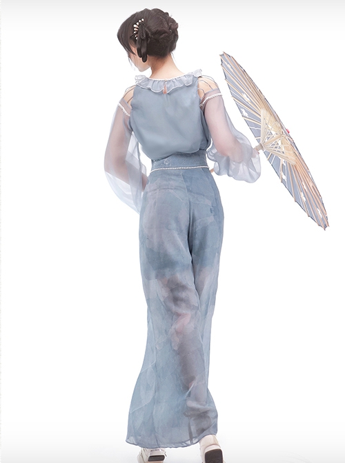 New Chinese-Style Gradient Puff Sleeve Retro Buckle Print Pearl Decoration High-Waisted Wide-Leg Pants Hanfu Top Pants Set
