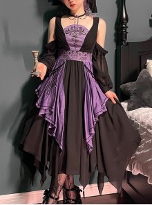 Halloween Black Purple Color Matching Special-Shaped Collar Irregular Oversized Hem Gothic Lolita Dress