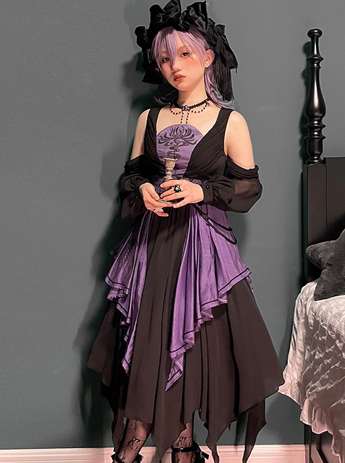 Halloween Black Purple Color Matching Special-Shaped Collar Irregular Oversized Hem Gothic Lolita Dress