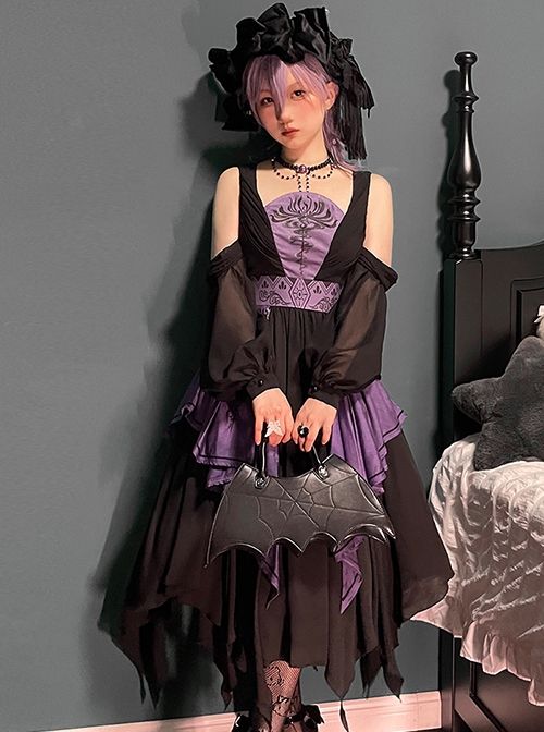 Halloween Black Purple Color Matching Special-Shaped Collar Irregular Oversized Hem Gothic Lolita Dress