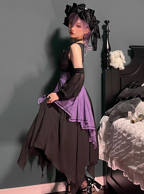 Halloween Black Purple Color Matching Special-Shaped Collar Irregular Oversized Hem Gothic Lolita Dress