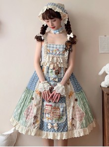 Squirrel Market Series Retro Pastoral Style Lace Bow Decoration Patchwork Skirt Sweet Lolita Sleeveless Dress