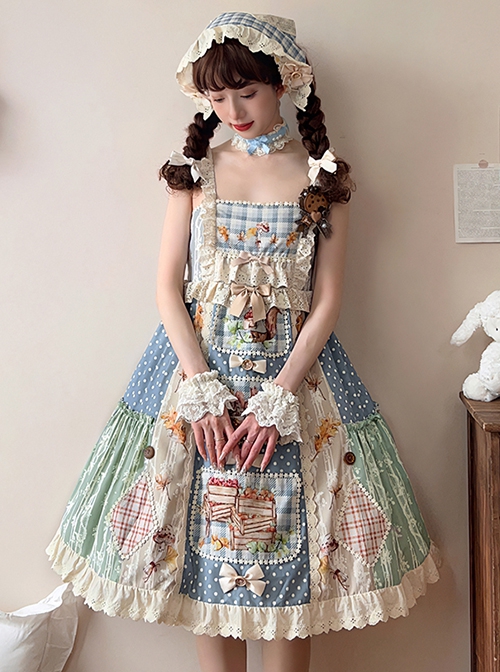 Squirrel Market Series Retro Pastoral Style Lace Bow Decoration Patchwork Skirt Sweet Lolita Sleeveless Dress