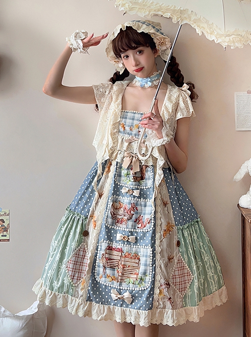 Squirrel Market Series Retro Pastoral Style Lace Bow Decoration Patchwork Skirt Sweet Lolita Sleeveless Dress