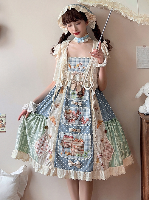 Squirrel Market Series Retro Pastoral Style Lace Bow Decoration Patchwork Skirt Sweet Lolita Sleeveless Dress