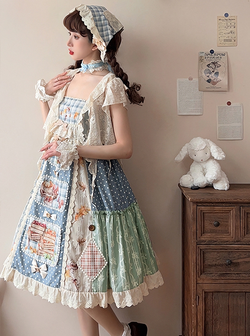 Squirrel Market Series Retro Pastoral Style Lace Bow Decoration Patchwork Skirt Sweet Lolita Sleeveless Dress