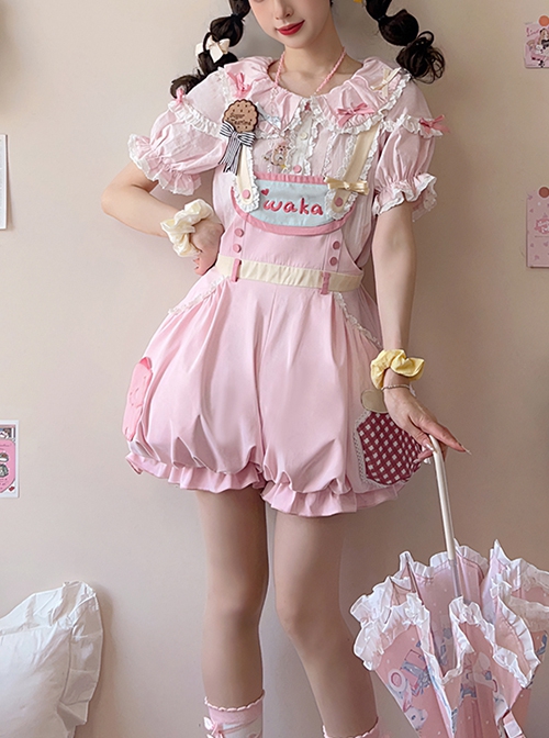 Little Monster Series Pink Doll Collar Lace Trim Cartoon Patch Decoration Sweet Lolita Shirt Bib shorts Suit