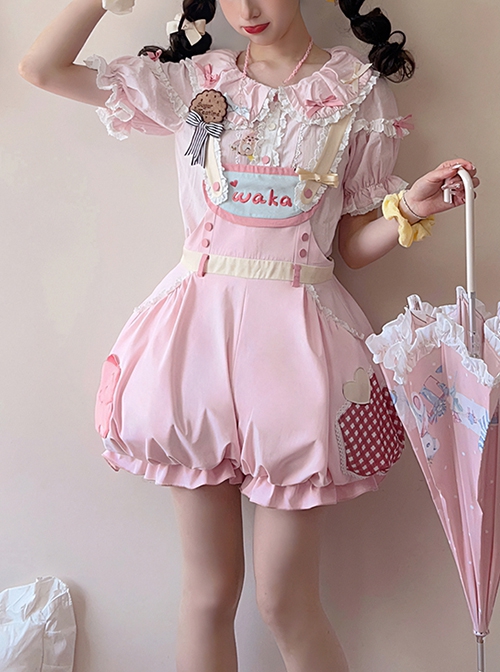 Little Monster Series Pink Doll Collar Lace Trim Cartoon Patch Decoration Sweet Lolita Shirt Bib shorts Suit