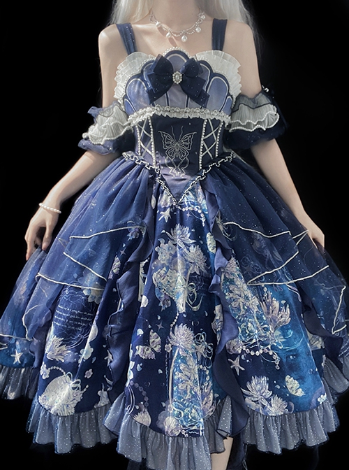 Jellyfish Series Butterfly Embroidery Pearl Decorate Plant Floral Print Blue Classic Lolita Sleeveless Dress Set