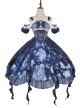 Jellyfish Series Butterfly Embroidery Pearl Decorate Plant Floral Print Blue Classic Lolita Sleeveless Dress Set