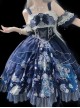 Jellyfish Series Butterfly Embroidery Pearl Decorate Plant Floral Print Blue Classic Lolita Sleeveless Dress Set